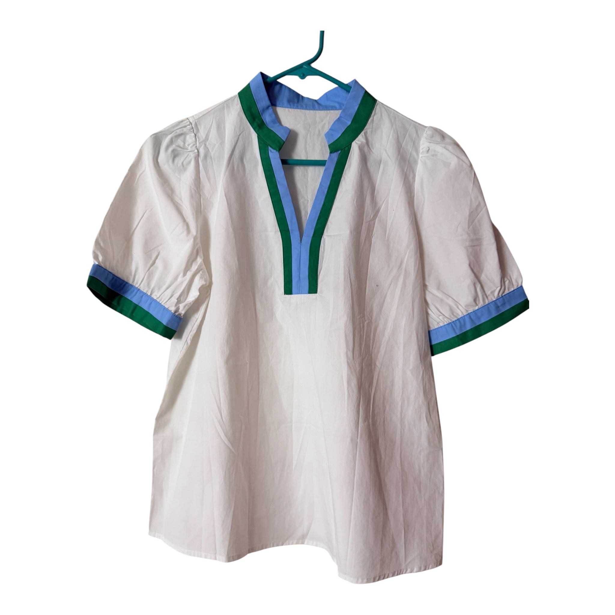 Adelaide top white body with green and blue striped trim on the collar and sleeves (30-day rental)