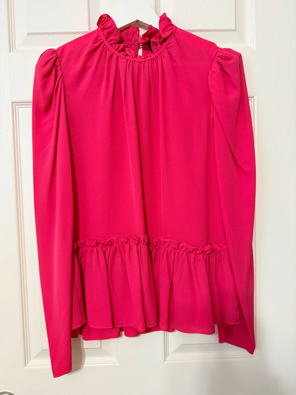 Blouse with a high ruffled mock neckline and peplum hem by Saloni - Size 6