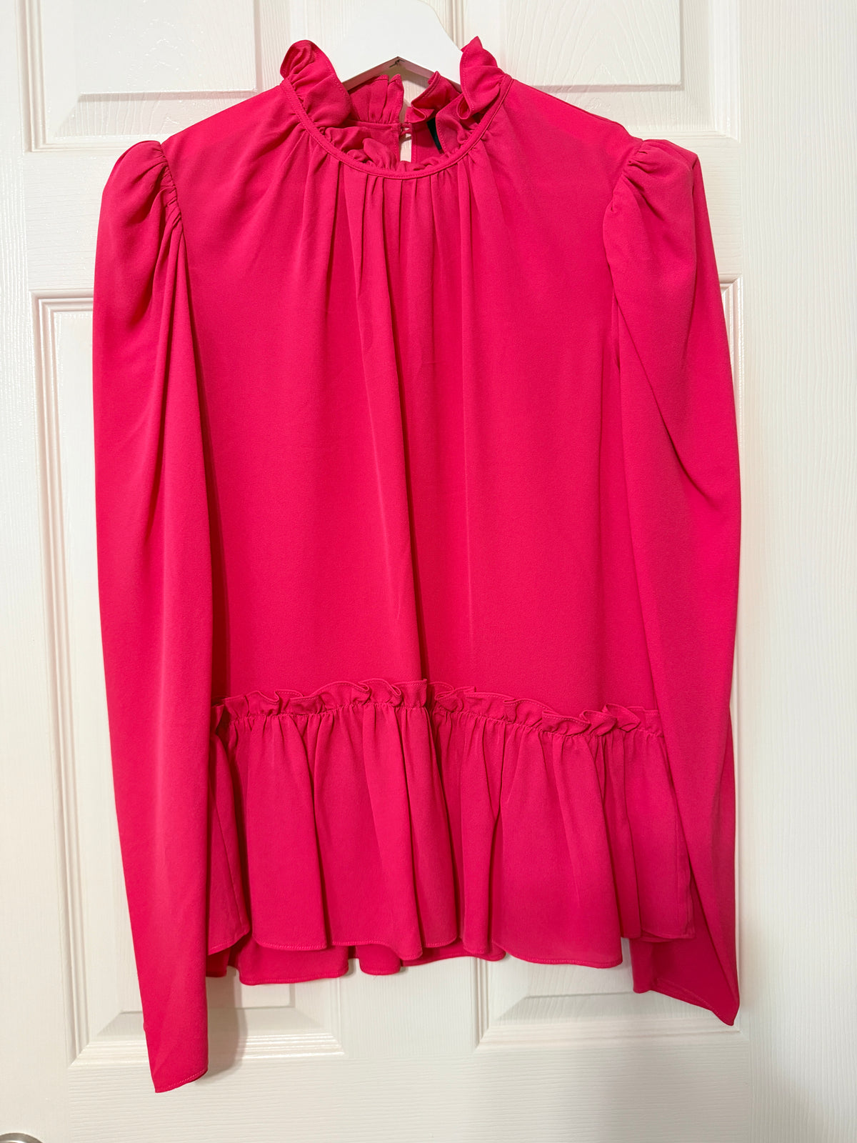 Blouse with a high ruffled mock neckline and peplum hem by Saloni - Size 6