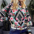 Geometric long-sleeve silk like blouse