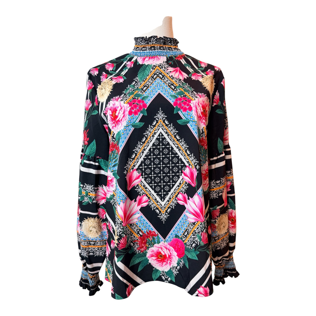 Geometric long-sleeve silk like blouse