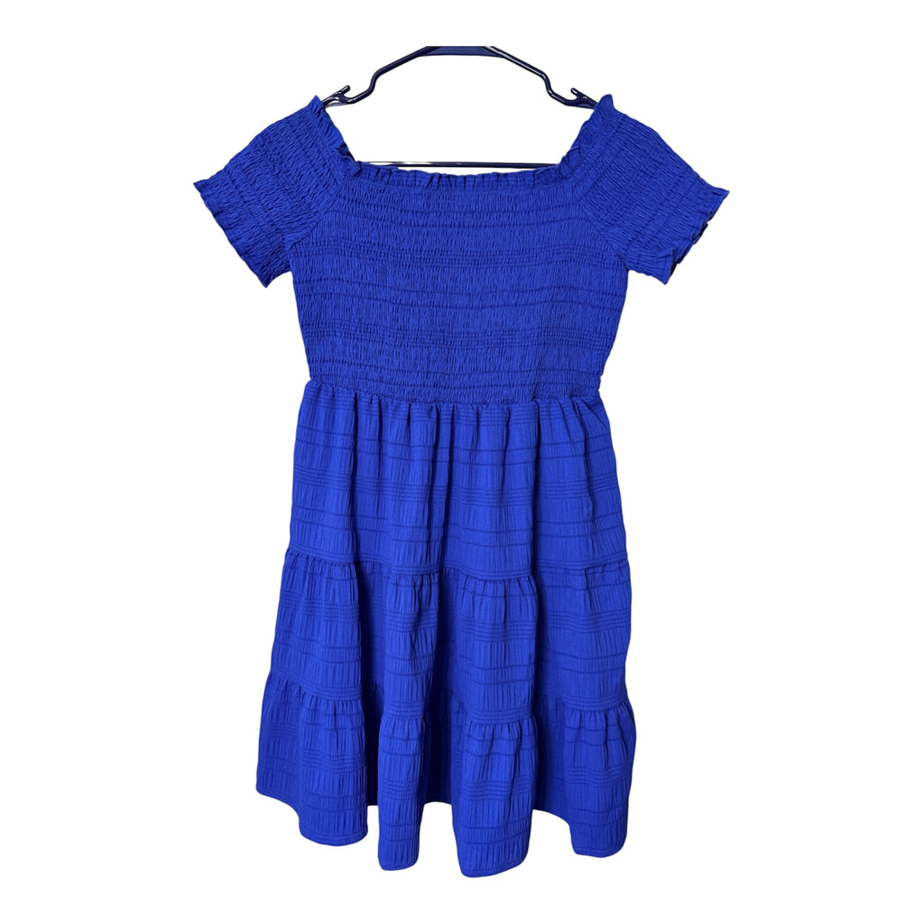 off-the-shoulder mini dress smocked bodice and a tiered, ruffled skirt size medium