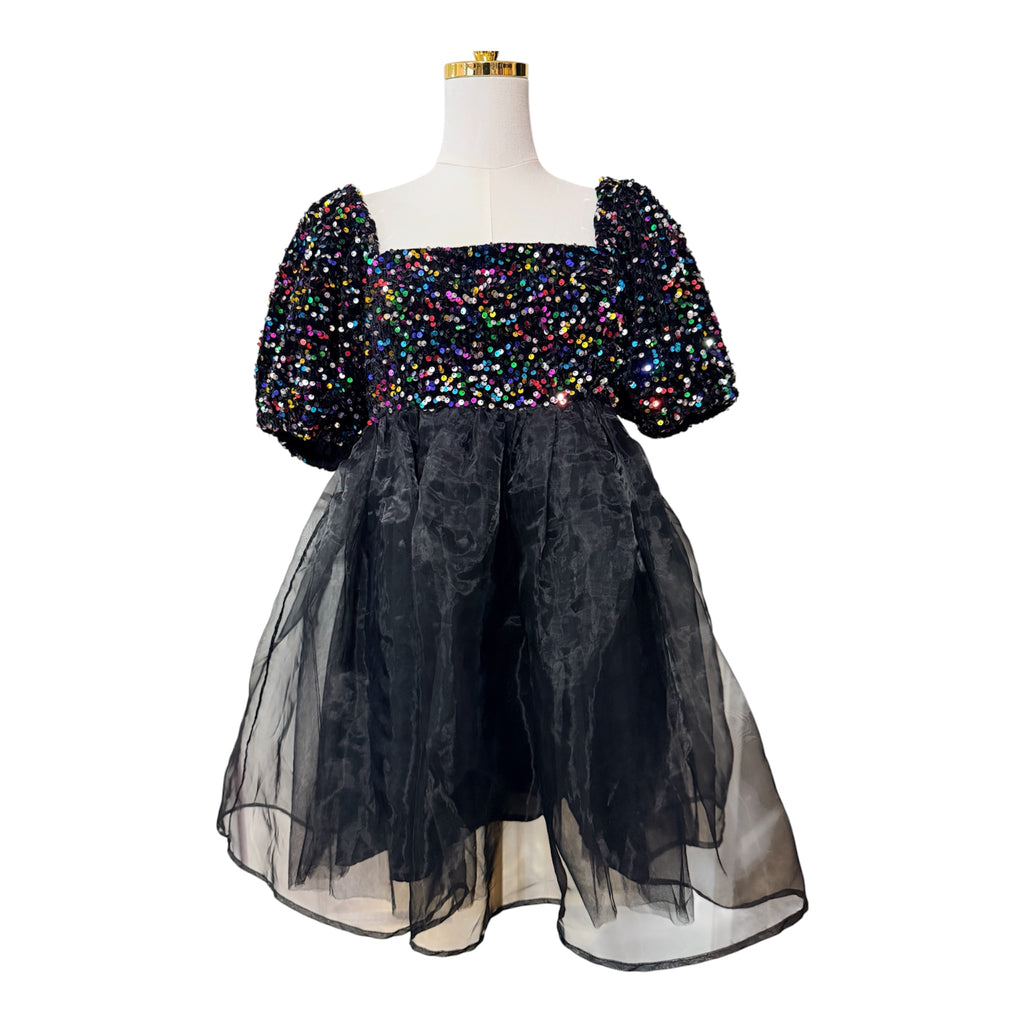 Black Multi Sequin Organza Puff Sleeve Babydoll Dress Size Medium