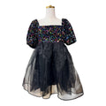 Black Multi Sequin Organza Puff Sleeve Babydoll Dress Size Medium