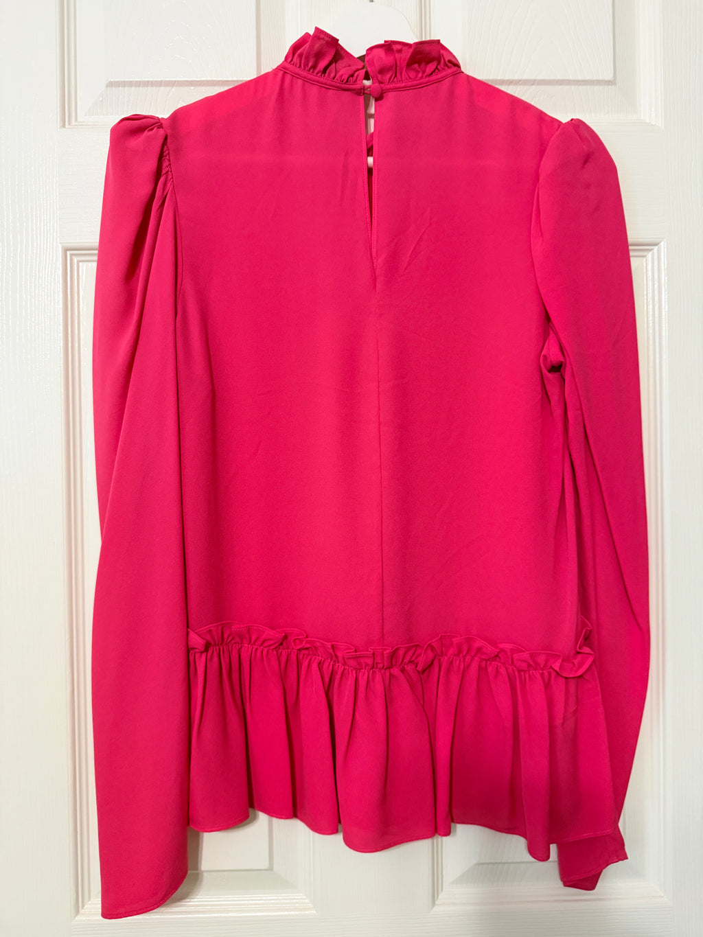 Blouse with a high ruffled mock neckline and peplum hem by Saloni - Size 6