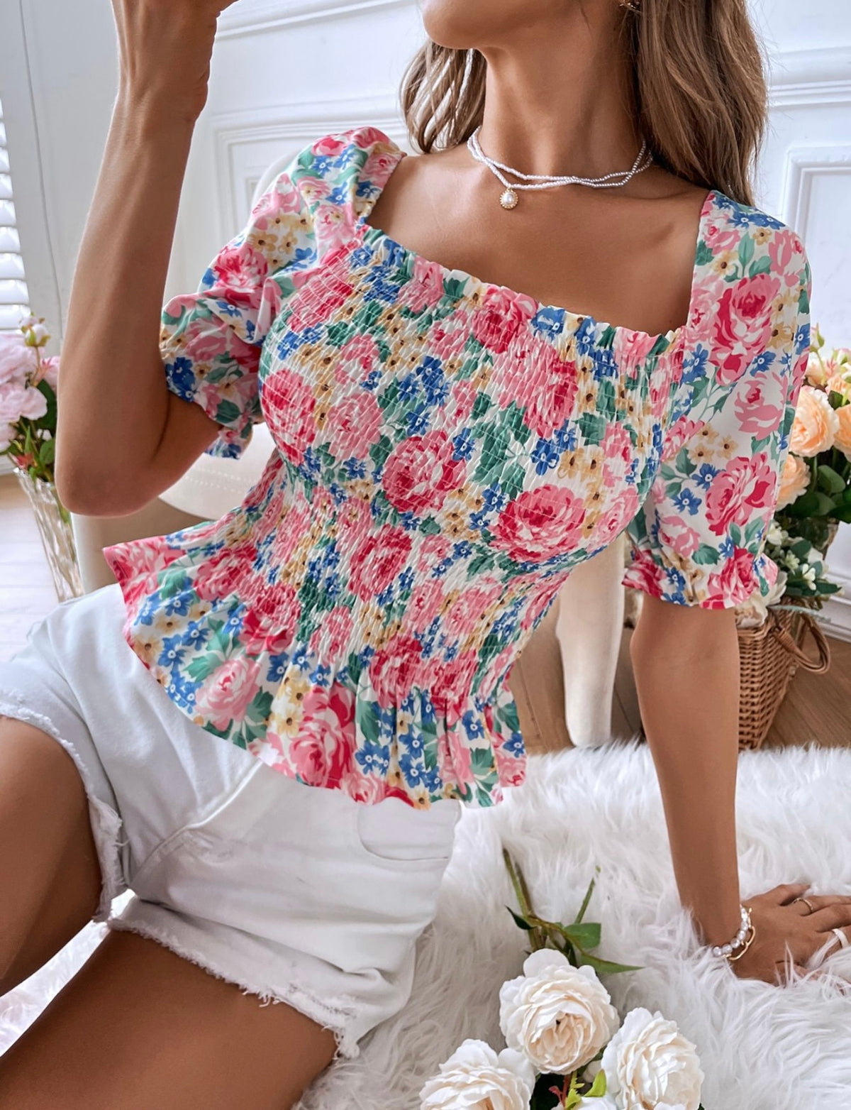 Smocked Babydoll On or Off-the-Shoulder Top Size Medium