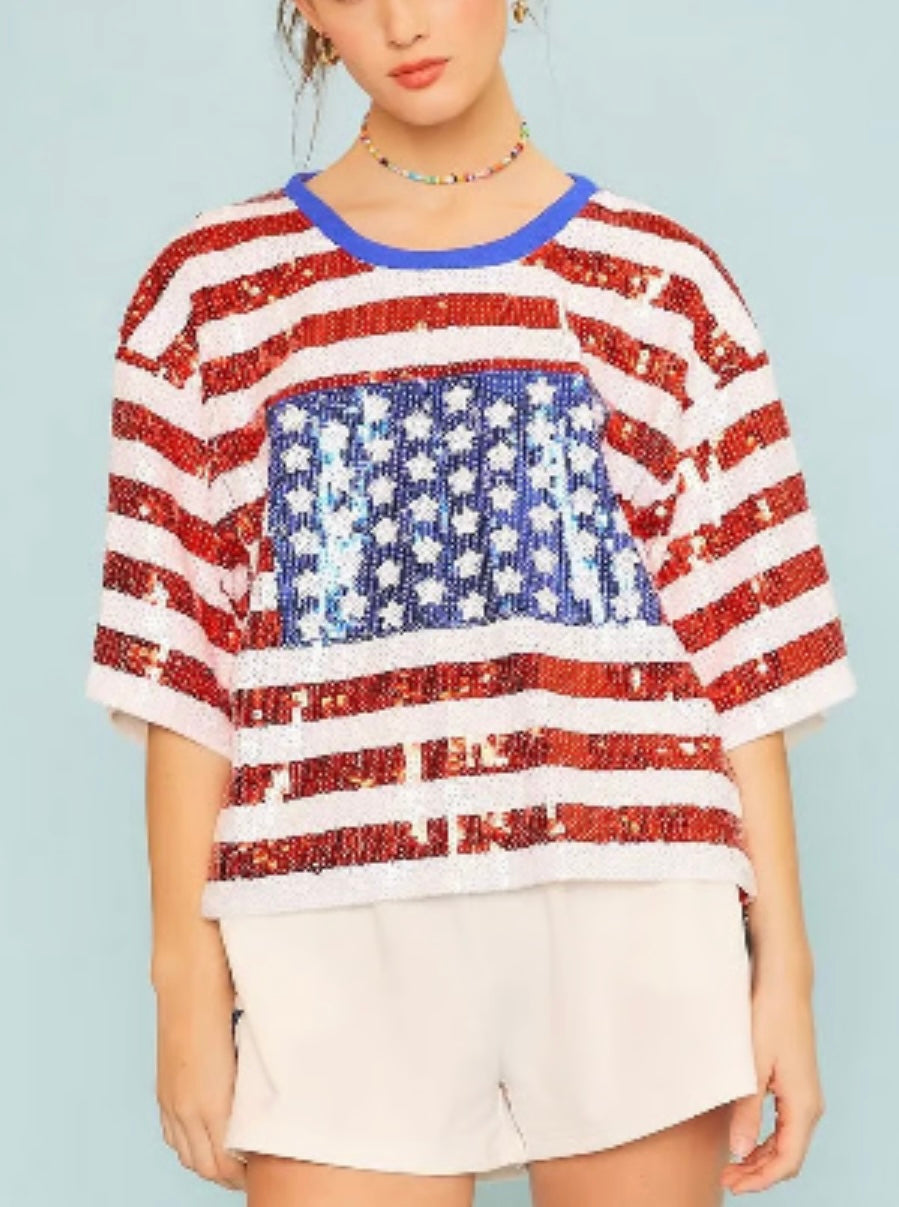 Main Strip red, white, and blue sequins top (30-day rental)