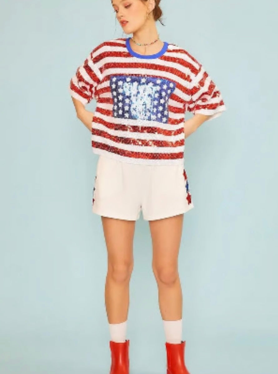 Main Strip red, white, and blue sequins top (30-day rental)