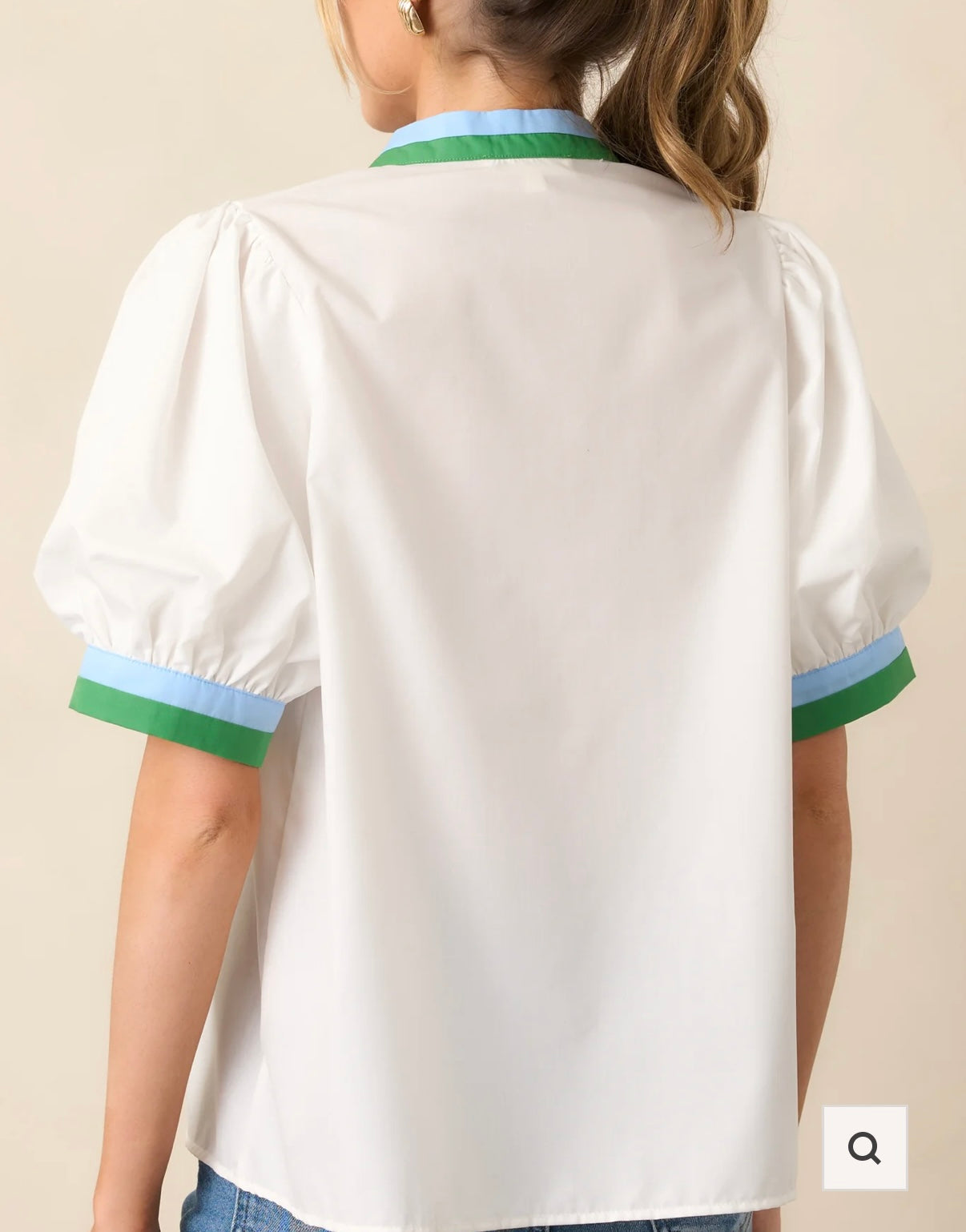 Adelaide top white body with green and blue striped trim on the collar and sleeves (30-day rental)