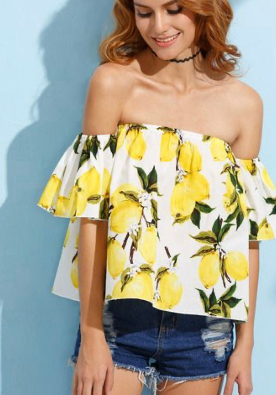 Lemon Print Off The Shoulder Blouse (30-day rental)
