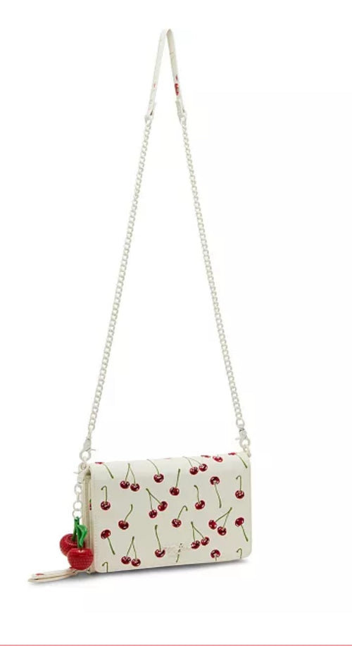 Betsey Johnson "Cherry On Top" crossbody wallet with red cherry print and a playful hanging cherry charm (30-day rental)