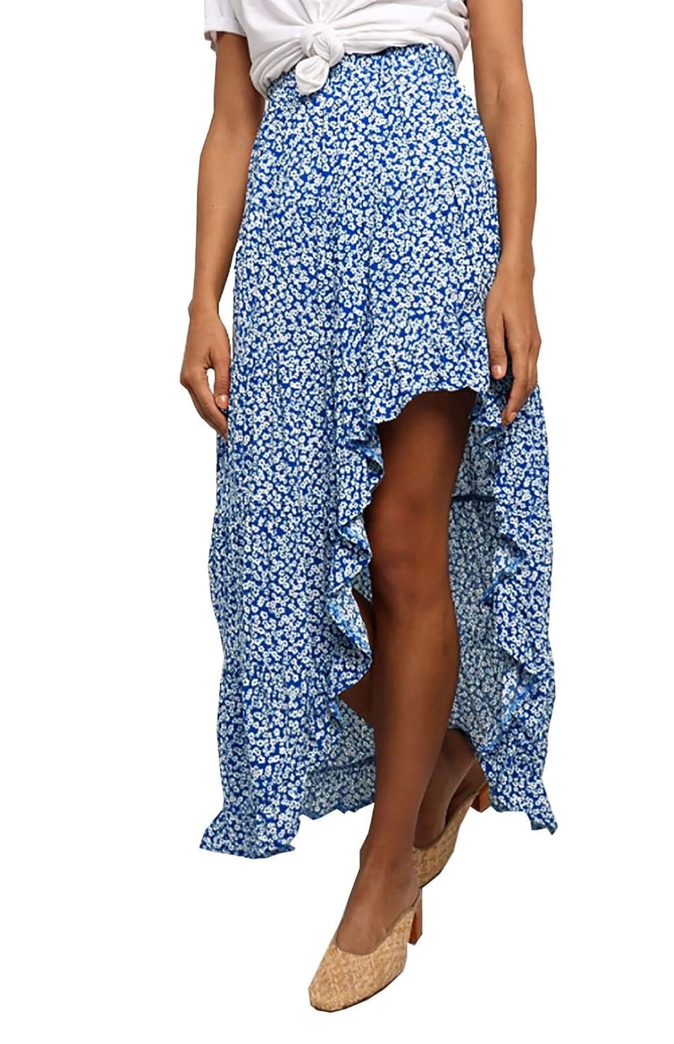 Traveler Skirt features a high-low ruffle hem and an elastic waist (30-day rental)