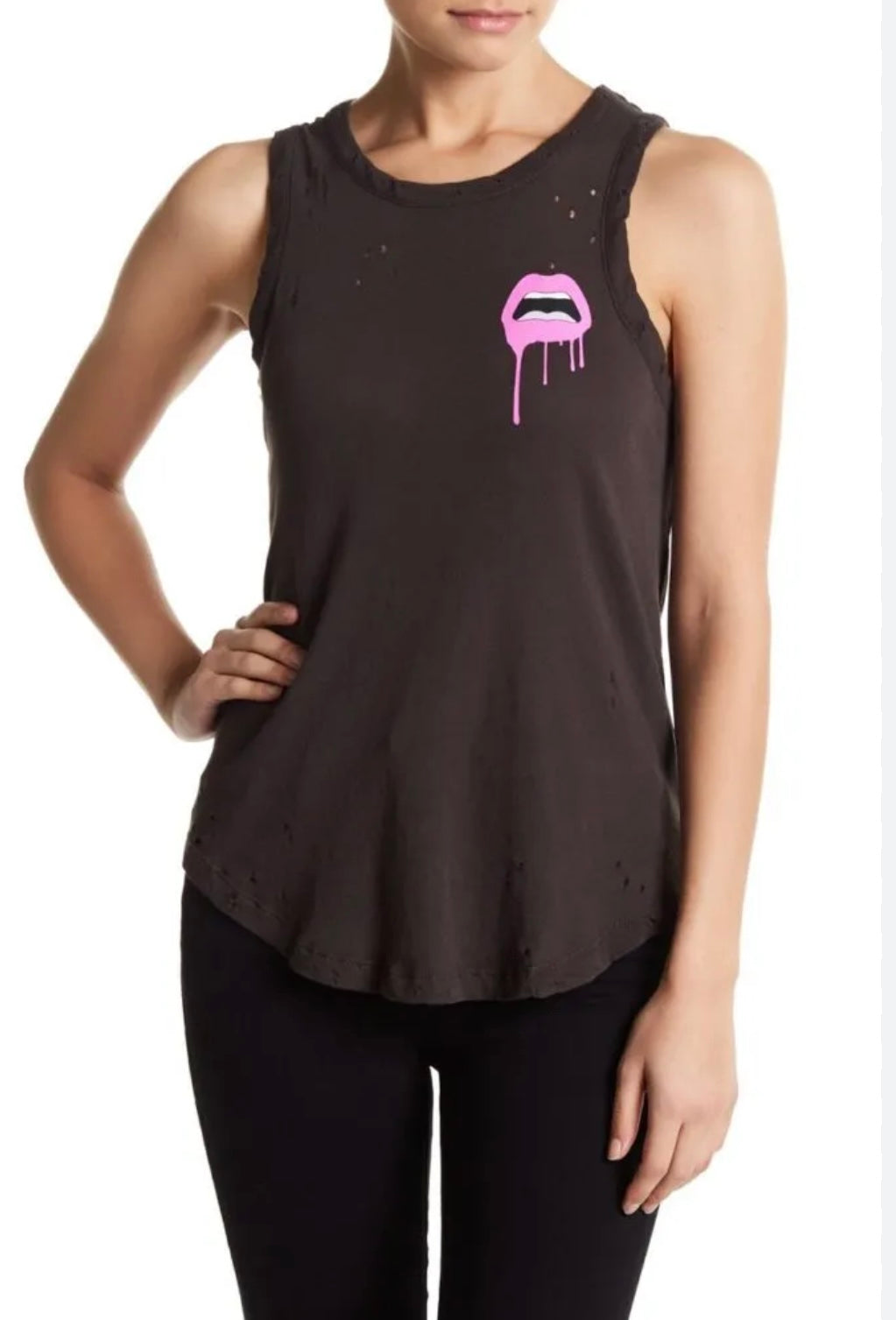 Chaser lip graphic muscle tank with distressed red lip design (30-day rental)