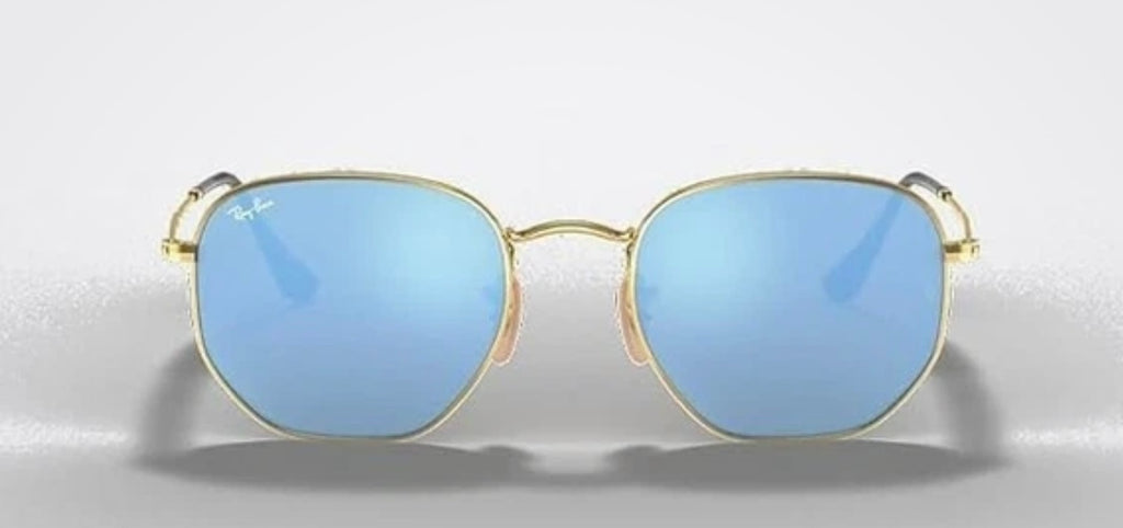 Ray-Ban Hexagonal sunglasses featuring a thin gold metal frame and striking blue mirror lenses (30-day rental)