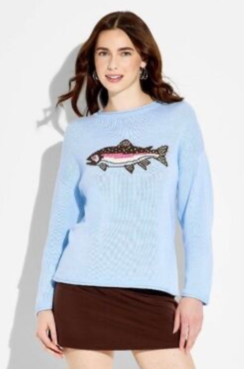 Wild Fable crewneck sweater light blue pullover with rainbow trout graphic (30-day rental)