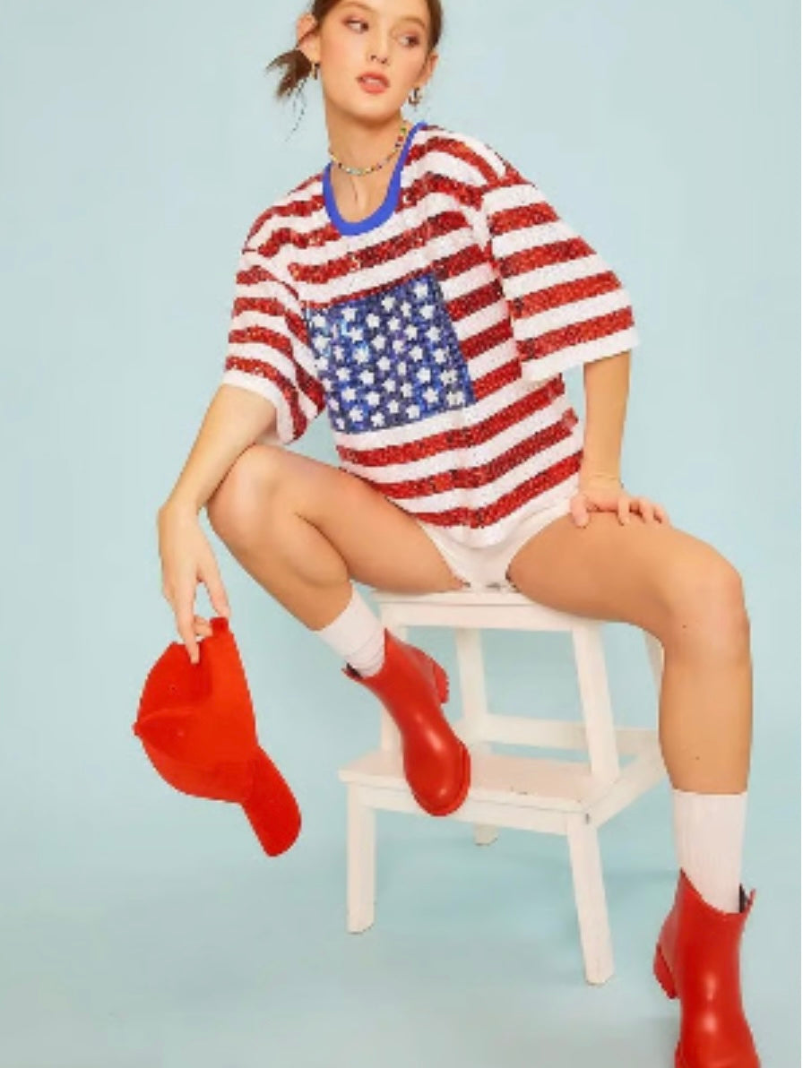 Main Strip red, white, and blue sequins top (30-day rental)