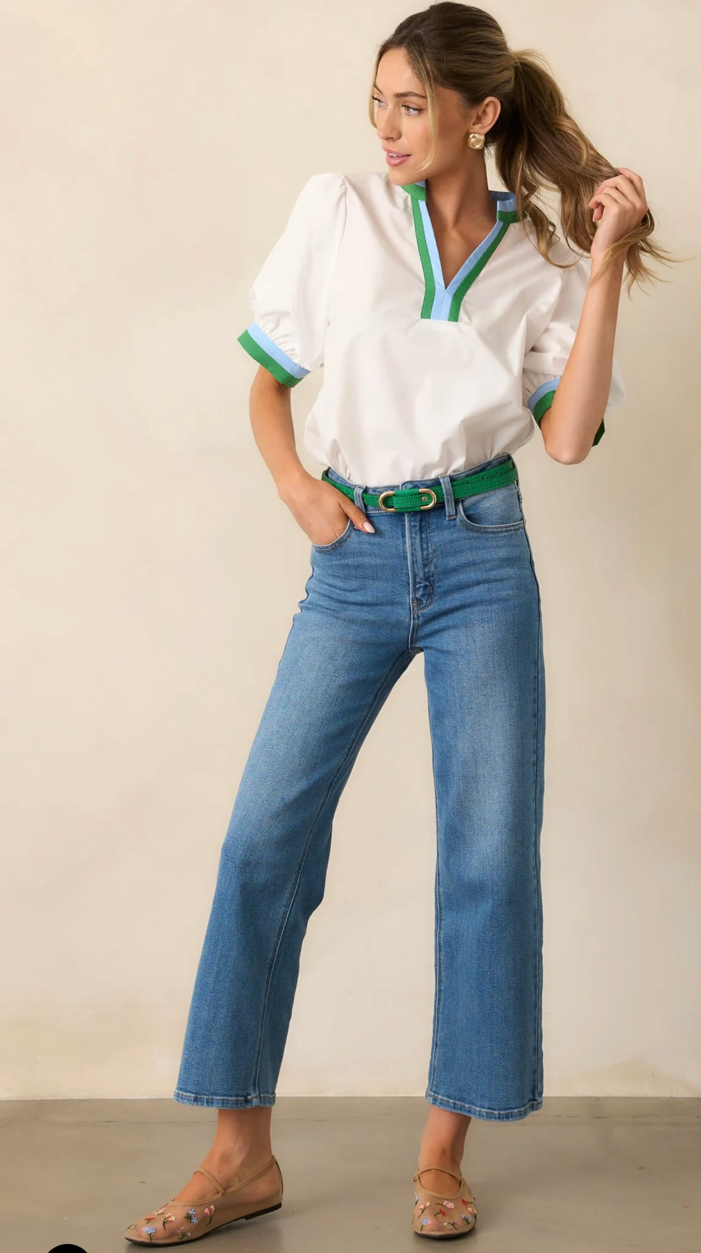 Adelaide top white body with green and blue striped trim on the collar and sleeves (30-day rental)
