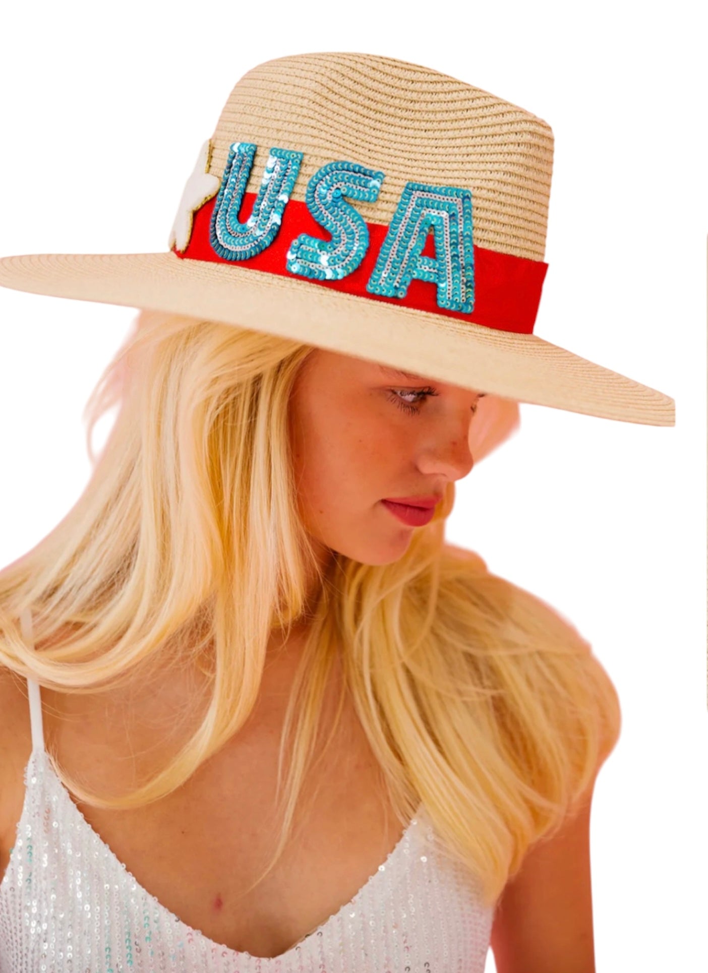Patriot Straw Sun Hat features sparkly sequin "USA" lettering and a distinctive star accent (30-day rental)
