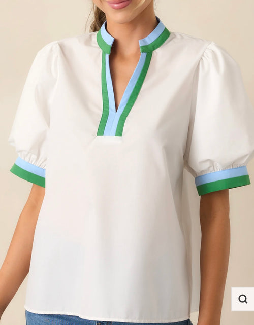 Adelaide top white body with green and blue striped trim on the collar and sleeves (30-day rental)