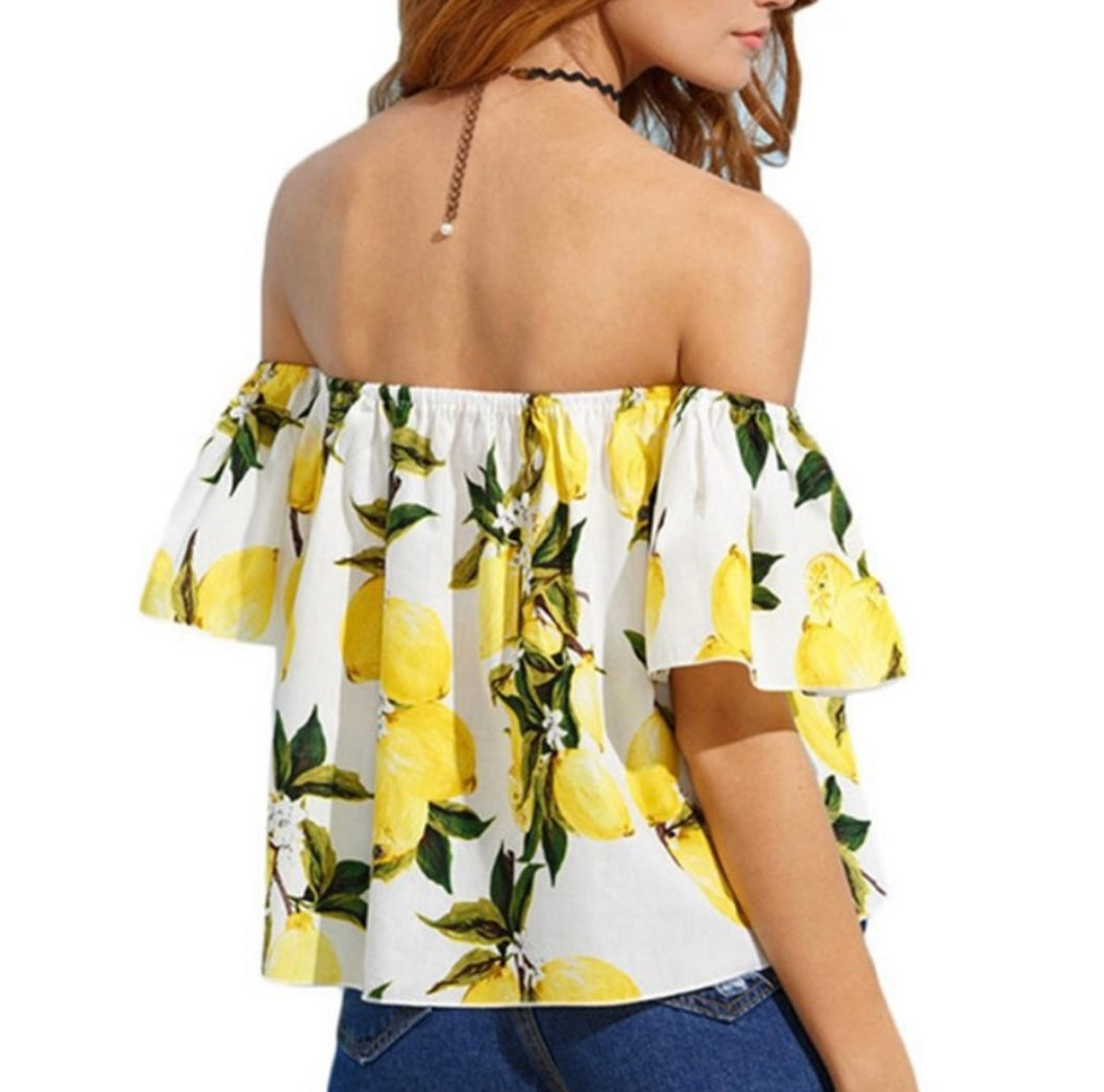 Lemon Print Off The Shoulder Blouse (30-day rental)