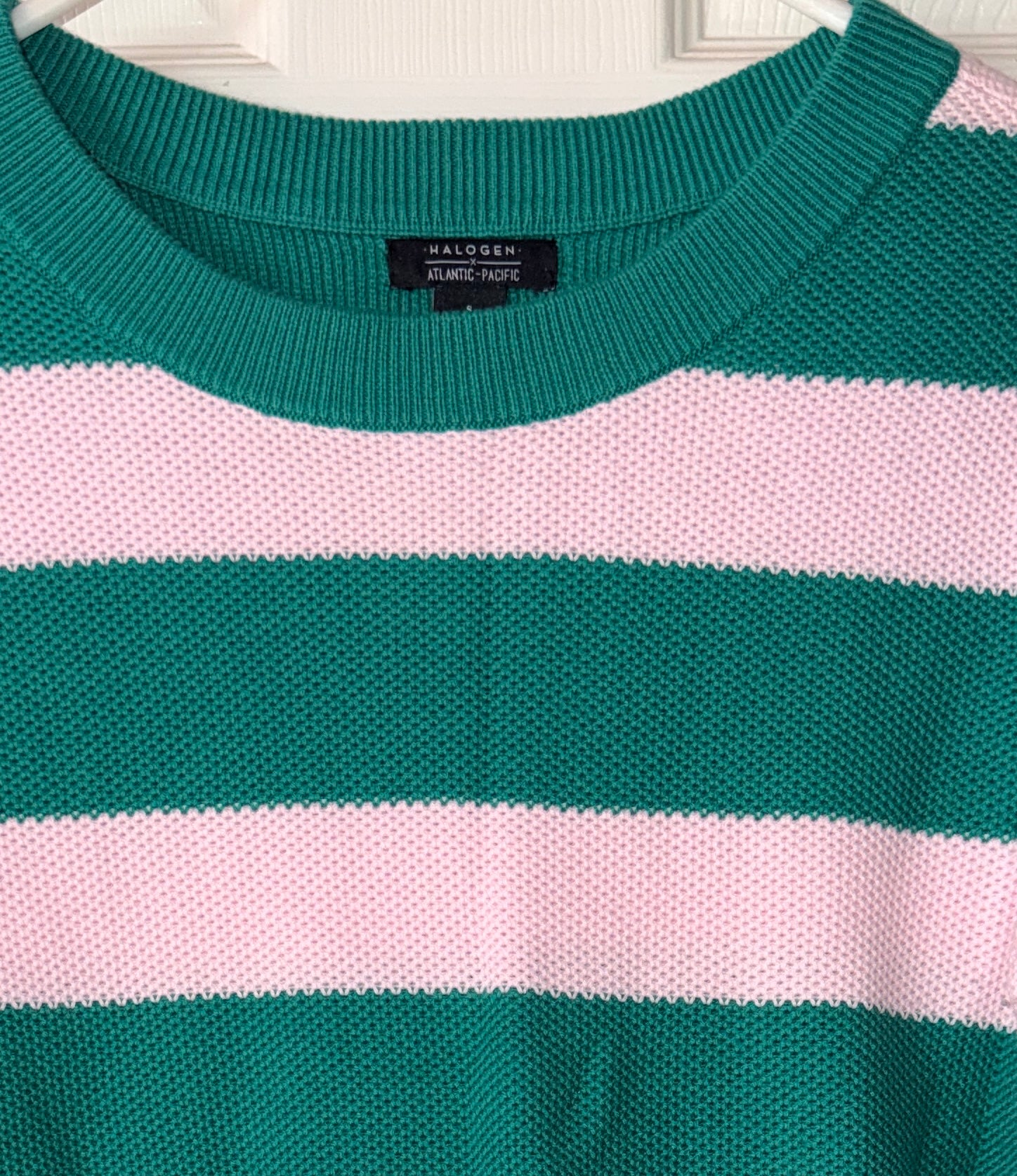 Halogen x Atlantic-Pacific sweater features green and pink stripes in a textured knit (30-day rental)