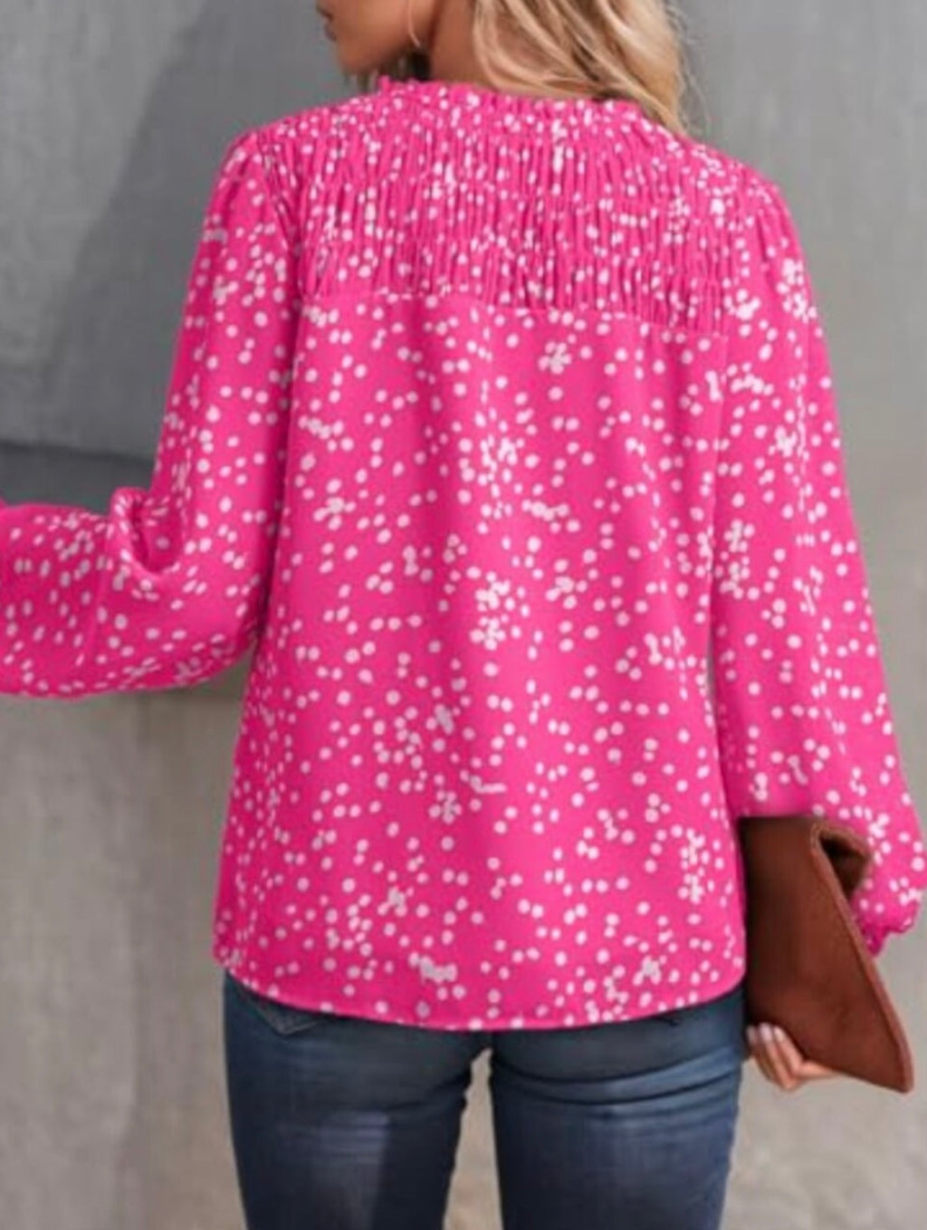 Long Sleeve V Neck Boho Smocked Tops (30-day rental)