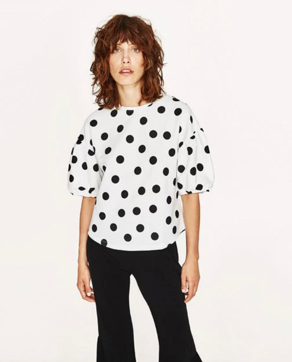 ZARA WHITE POLKA DOT T-SHIRT PUFFY SLEEVES (30-day rental)