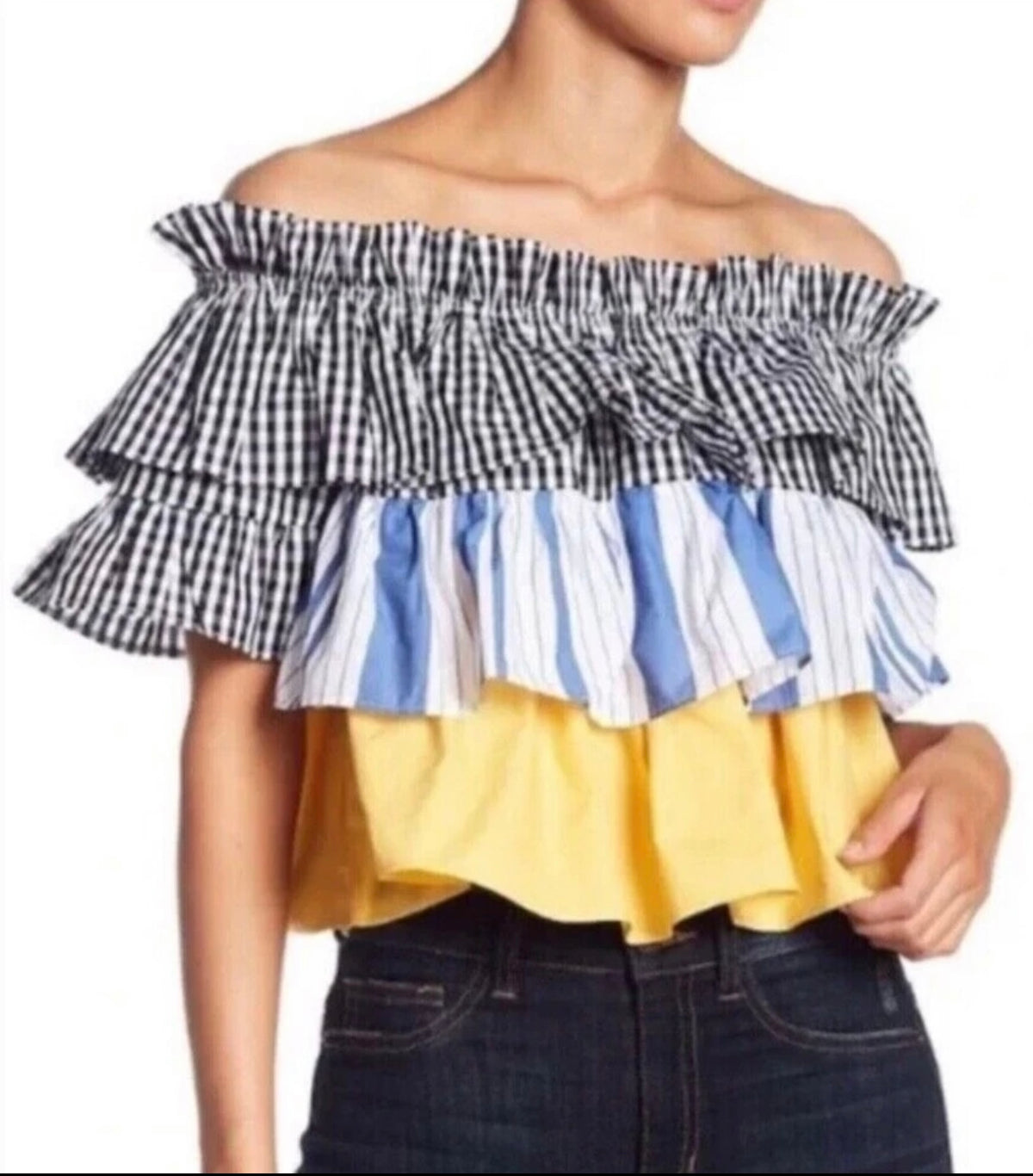 Romeo & Juliet Black Blue Yellow Short Sleeve Blouse Top Size Medium