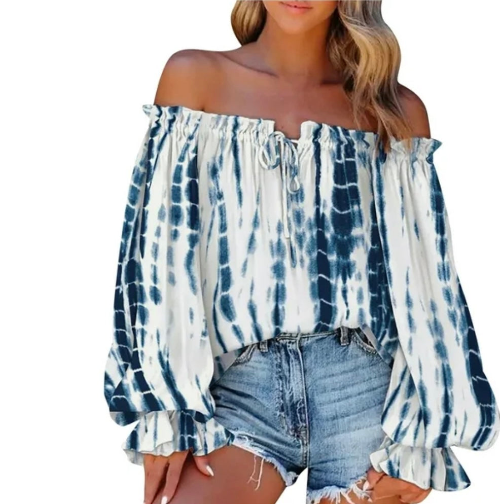 Boho Floral Print Off Shoulder Top Chiffon Blouse (30-day rental)