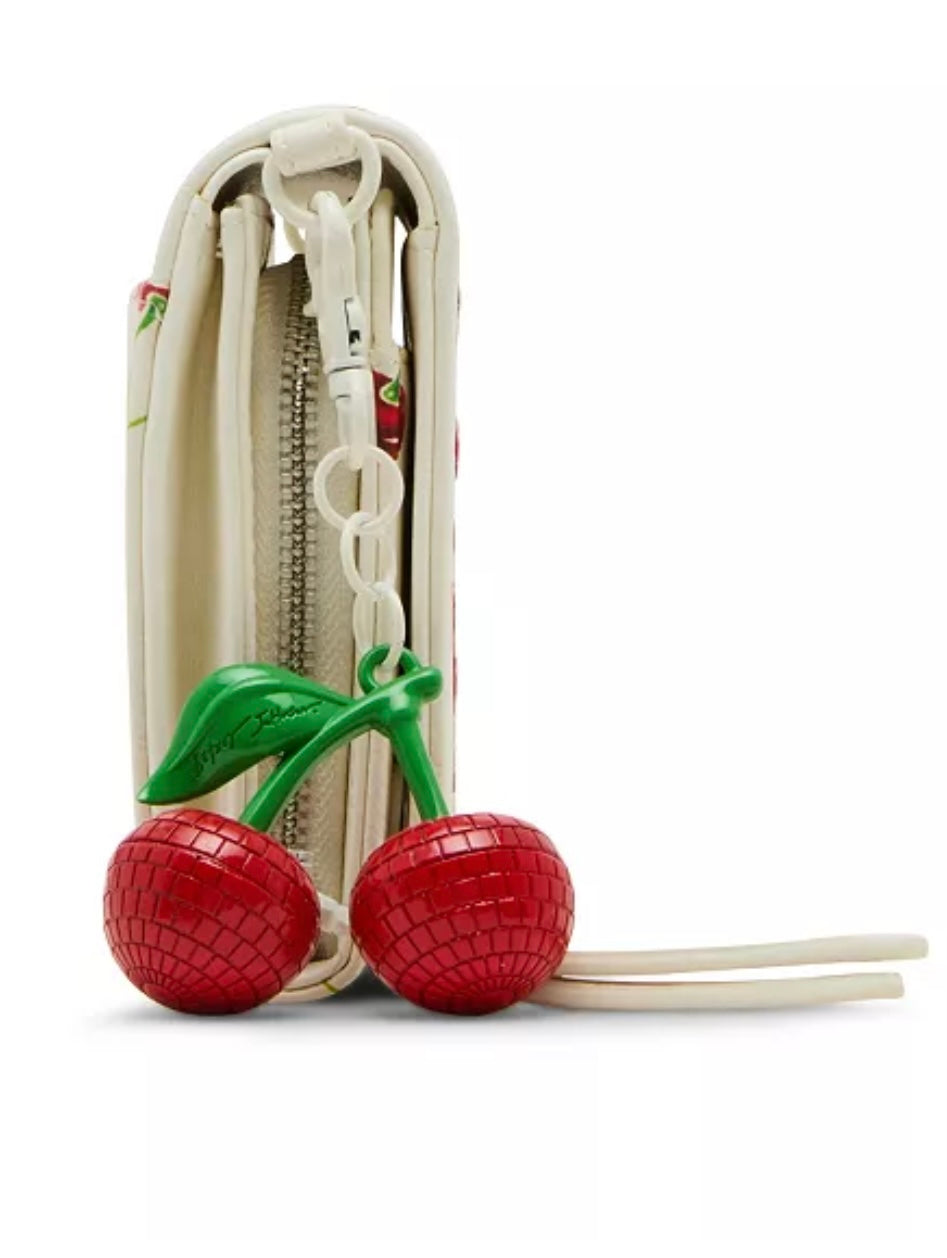Betsey Johnson "Cherry On Top" crossbody wallet with red cherry print and a playful hanging cherry charm (30-day rental)