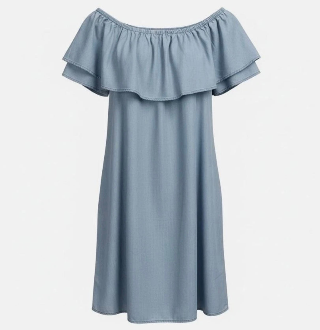 Denim dress in light wash chambray fabric and a ruffled off-the-shoulder neckline (30-day rental)