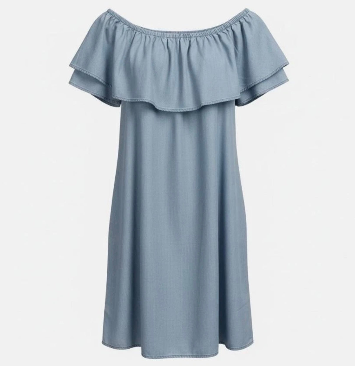 Denim dress in light wash chambray fabric and a ruffled off-the-shoulder neckline (30-day rental)