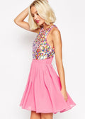 ASOS dress with rainbow sequin bodice and a vibrant hot pink pleated chiffon dress (30-day rental)