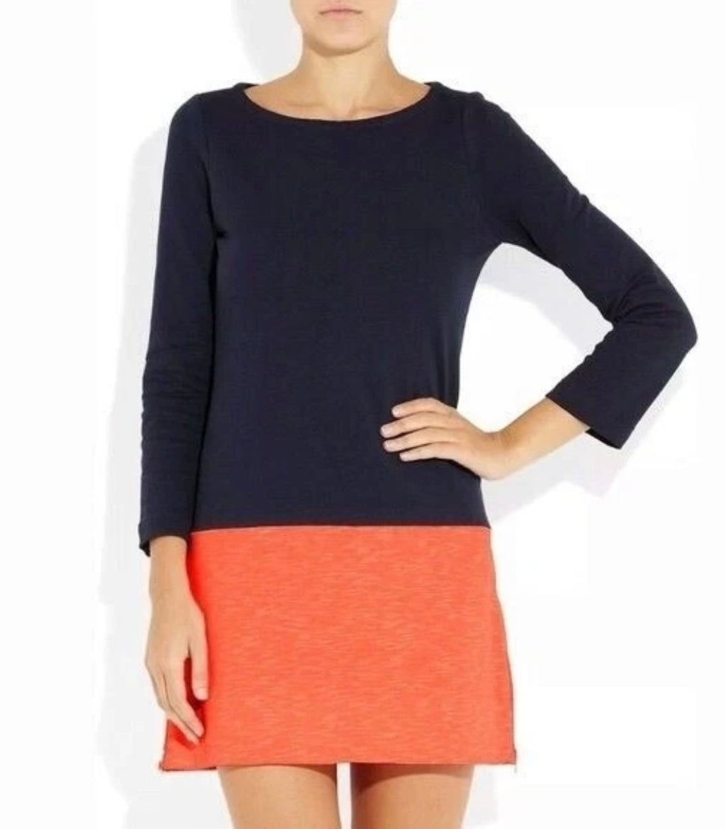 J. Crew Shift Dress Small Navy Blue Orange Color block Long Sleeve