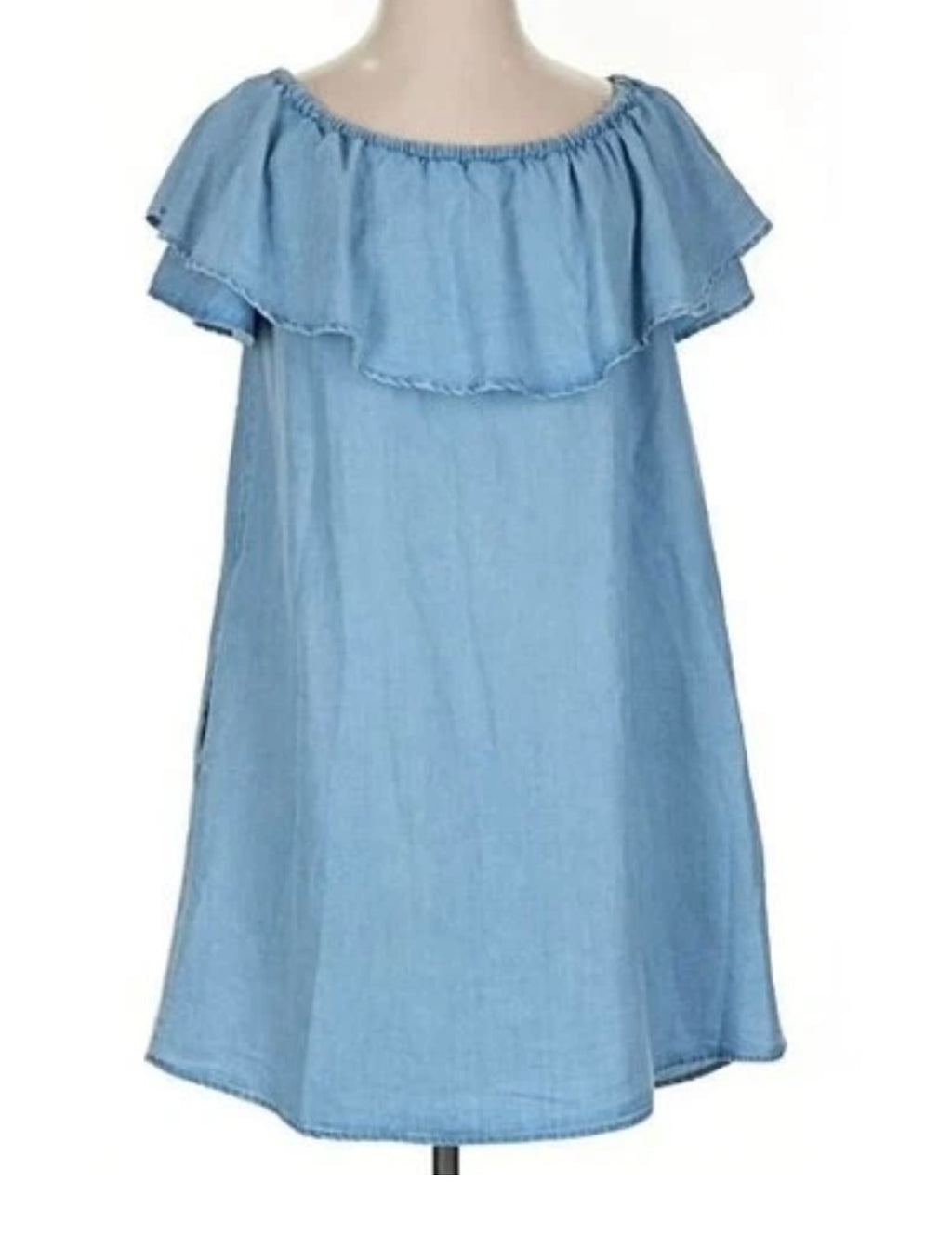 Denim dress in light wash chambray fabric and a ruffled off-the-shoulder neckline (30-day rental)