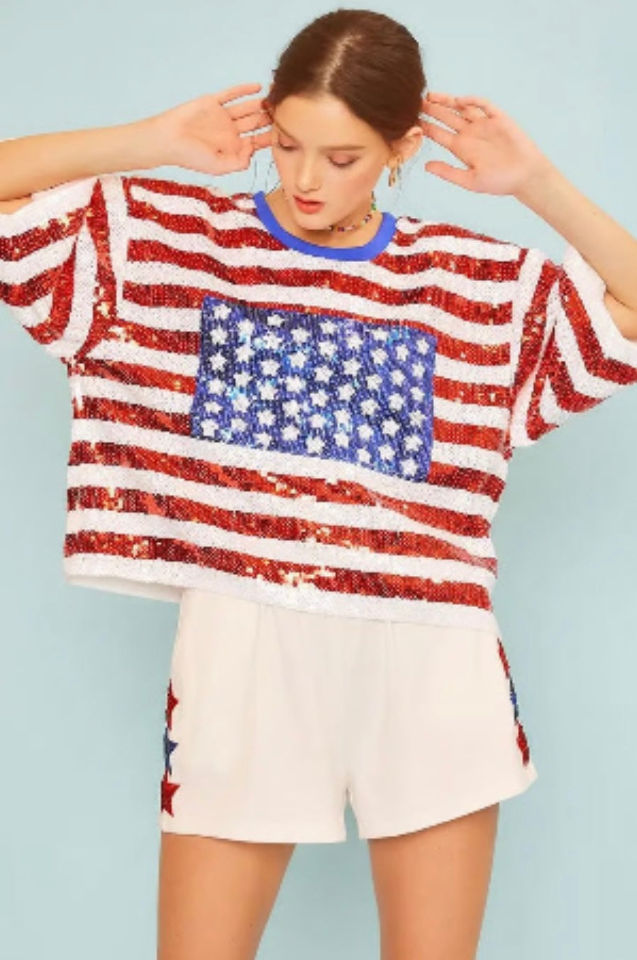 Main Strip red, white, and blue sequins top (30-day rental)