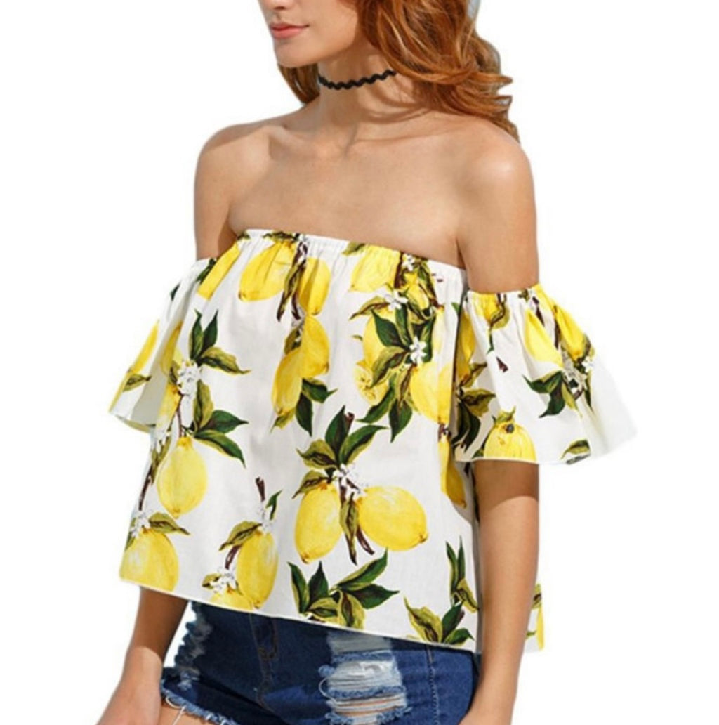 Lemon Print Off The Shoulder Blouse (30-day rental)