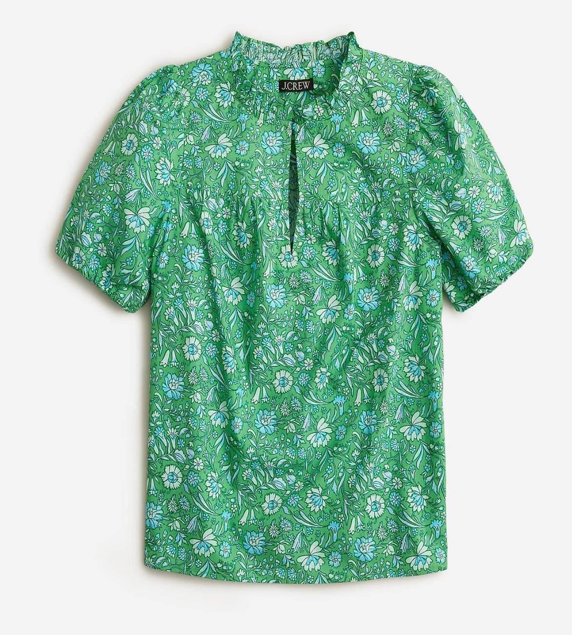 J.Crew green floral cotton puff sleeve ruffle neck blouse (30-day rental)