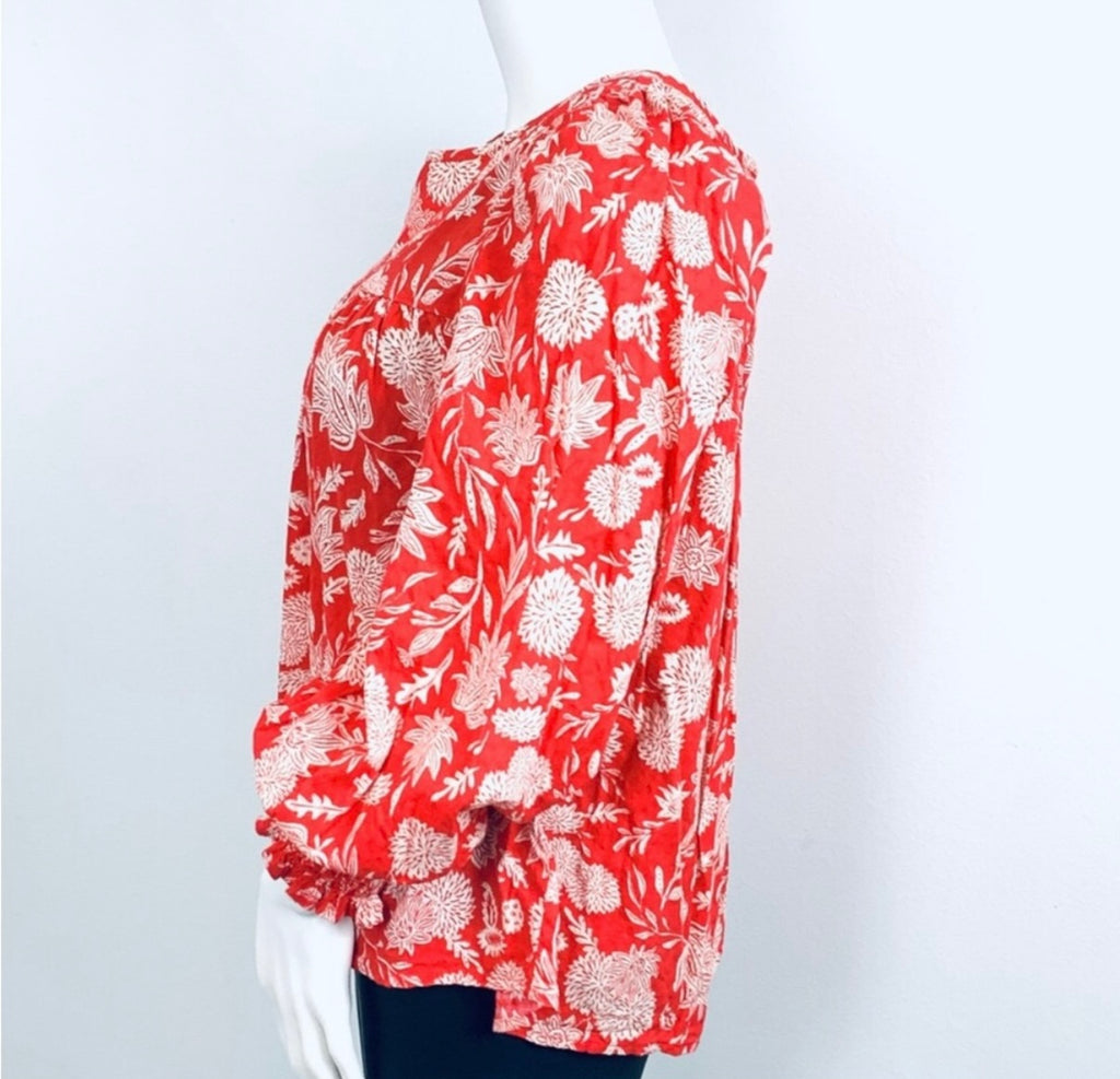 Universal Thread red floral blouse features smocked cuffs and long balloon sleeves (30-day rental)