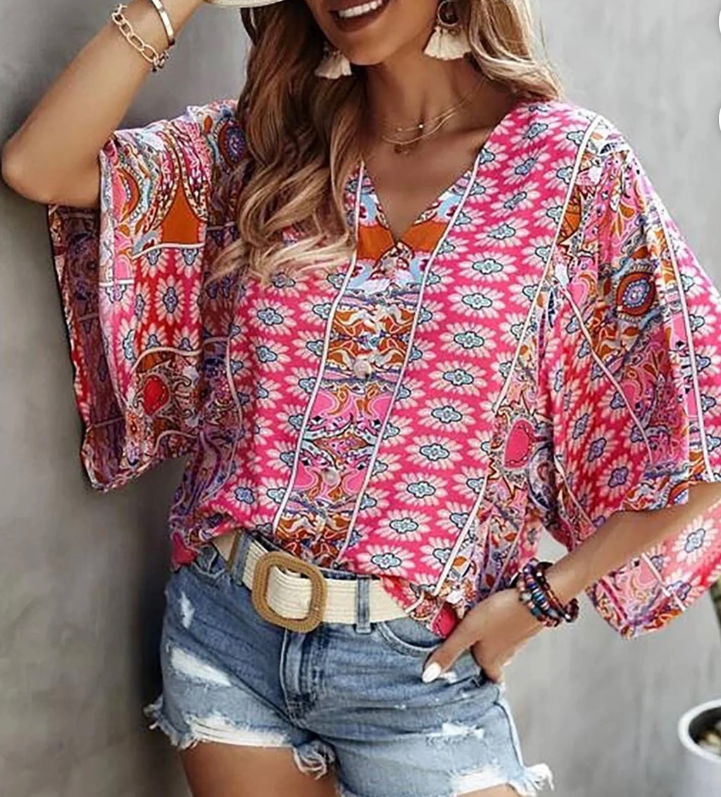 Loose Fit Casual Bohemian Printed Short Sleeve V-neck Pullover Blouse (30-day rental)