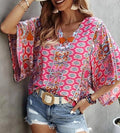 Loose Fit Casual Bohemian Printed Short Sleeve V-neck Pullover Blouse (30-day rental)
