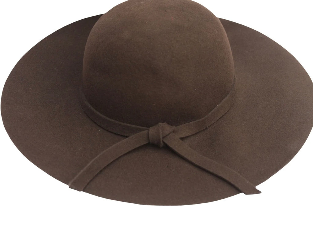 Brown wide-brim felt hat 100% wool and a simple tie detail around the crown (30-day rental)