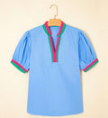 Contrast Trim Notched Short Sleeve Blouse (30-day rental)