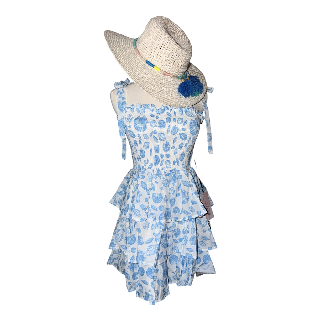 Seashell Print Tie Shoulder Smocked Tiered Dress
