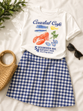 Old Navy EveryWear t-shirt features a coastal-themed graphic with a seafood menu print (30-day rental)