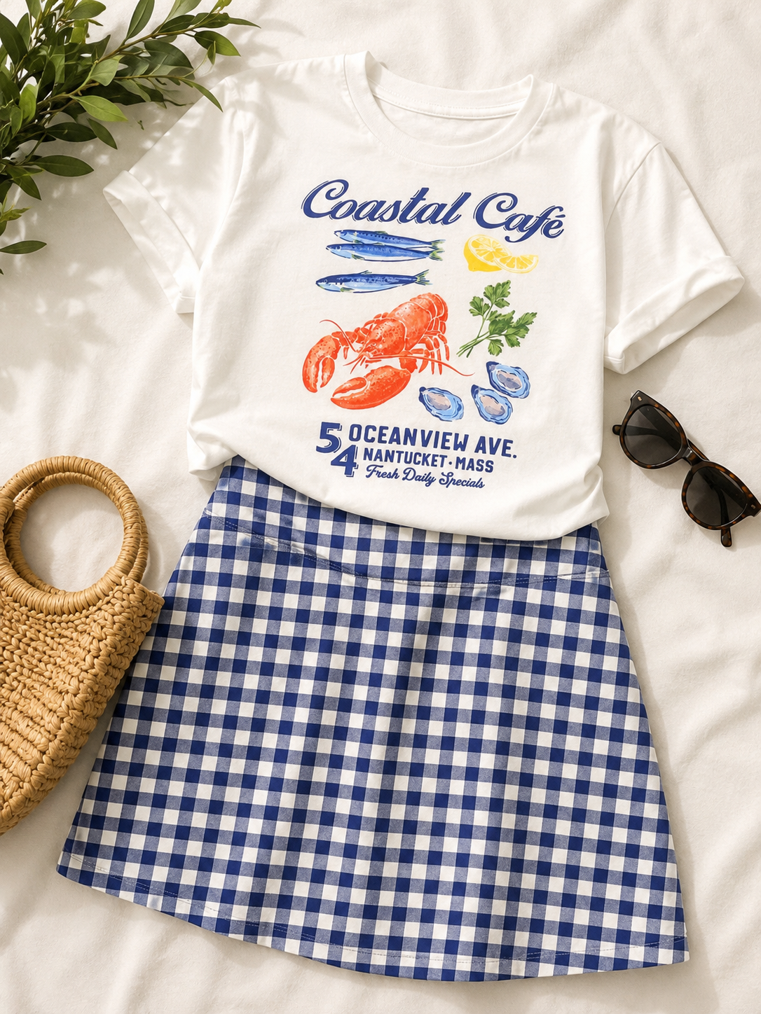 Old Navy EveryWear t-shirt features a coastal-themed graphic with a seafood menu print (30-day rental)