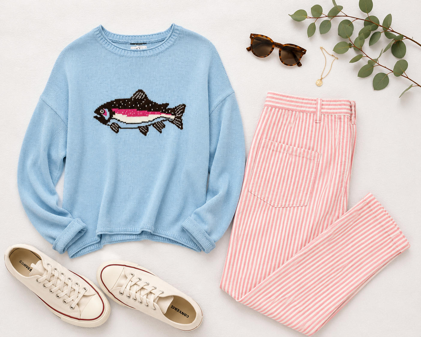 Wild Fable crewneck sweater light blue pullover with rainbow trout graphic (30-day rental)