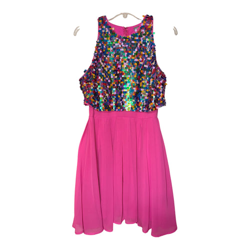 ASOS dress with rainbow sequin bodice and a vibrant hot pink pleated chiffon dress (30-day rental)