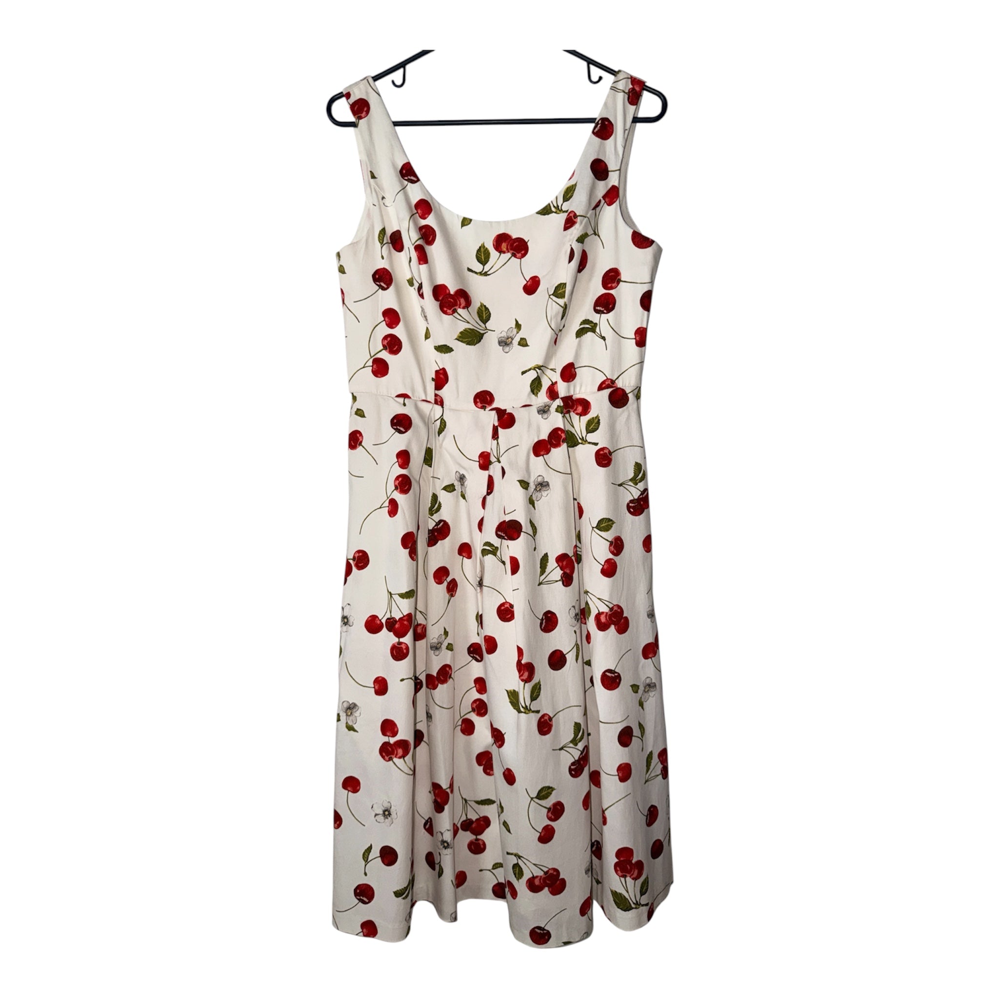 Leslie Fay retro-style dress features a vibrant red cherry print (30-day rental)