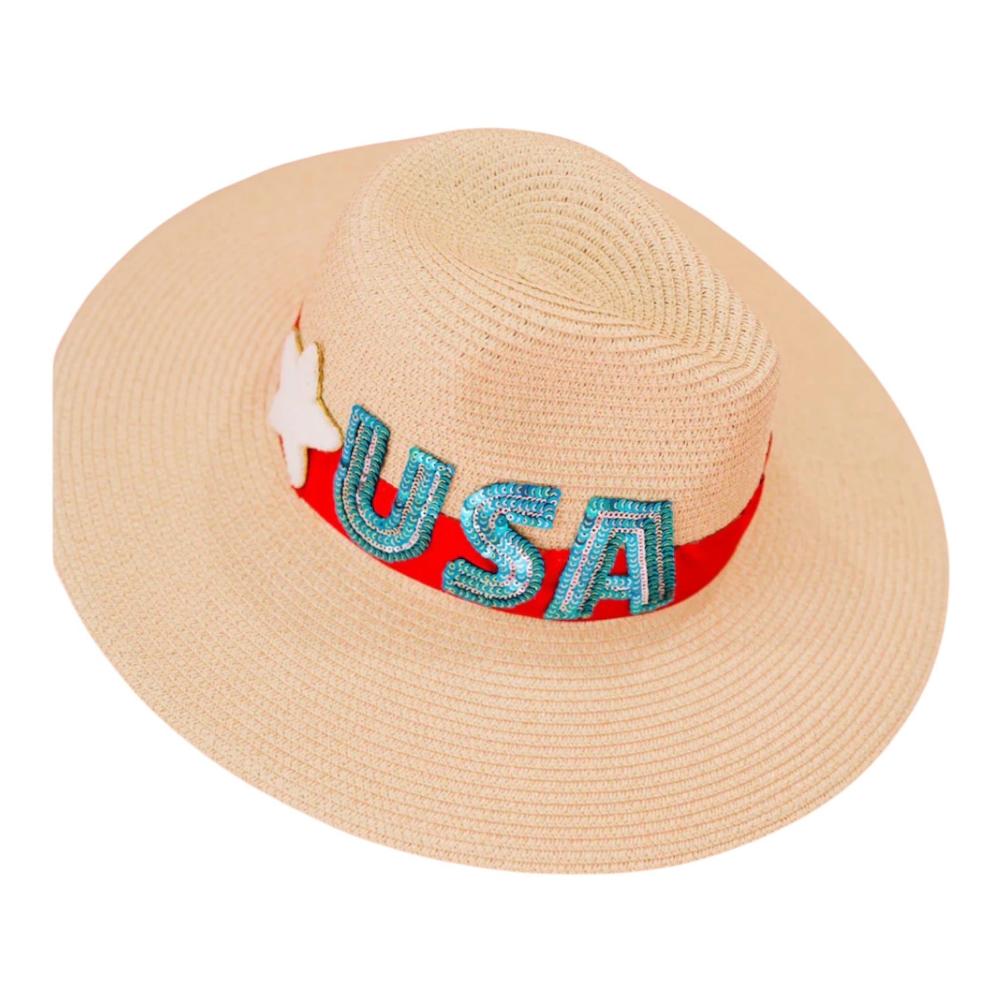 Patriot Straw Sun Hat features sparkly sequin "USA" lettering and a distinctive star accent (30-day rental)